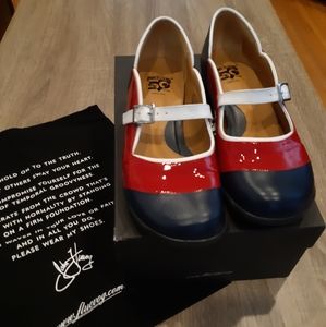 Red patent and blue and white leather Mary Janes size 6.5